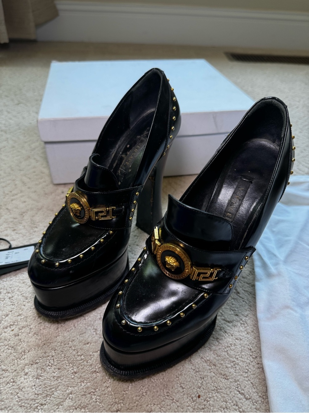 Versace Black Platform Gold Studded Loafer Platform Heels with Medallion